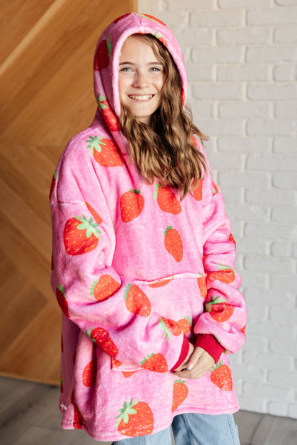 KIDS Oversized Velour Blanket Hoodie, Strawberry