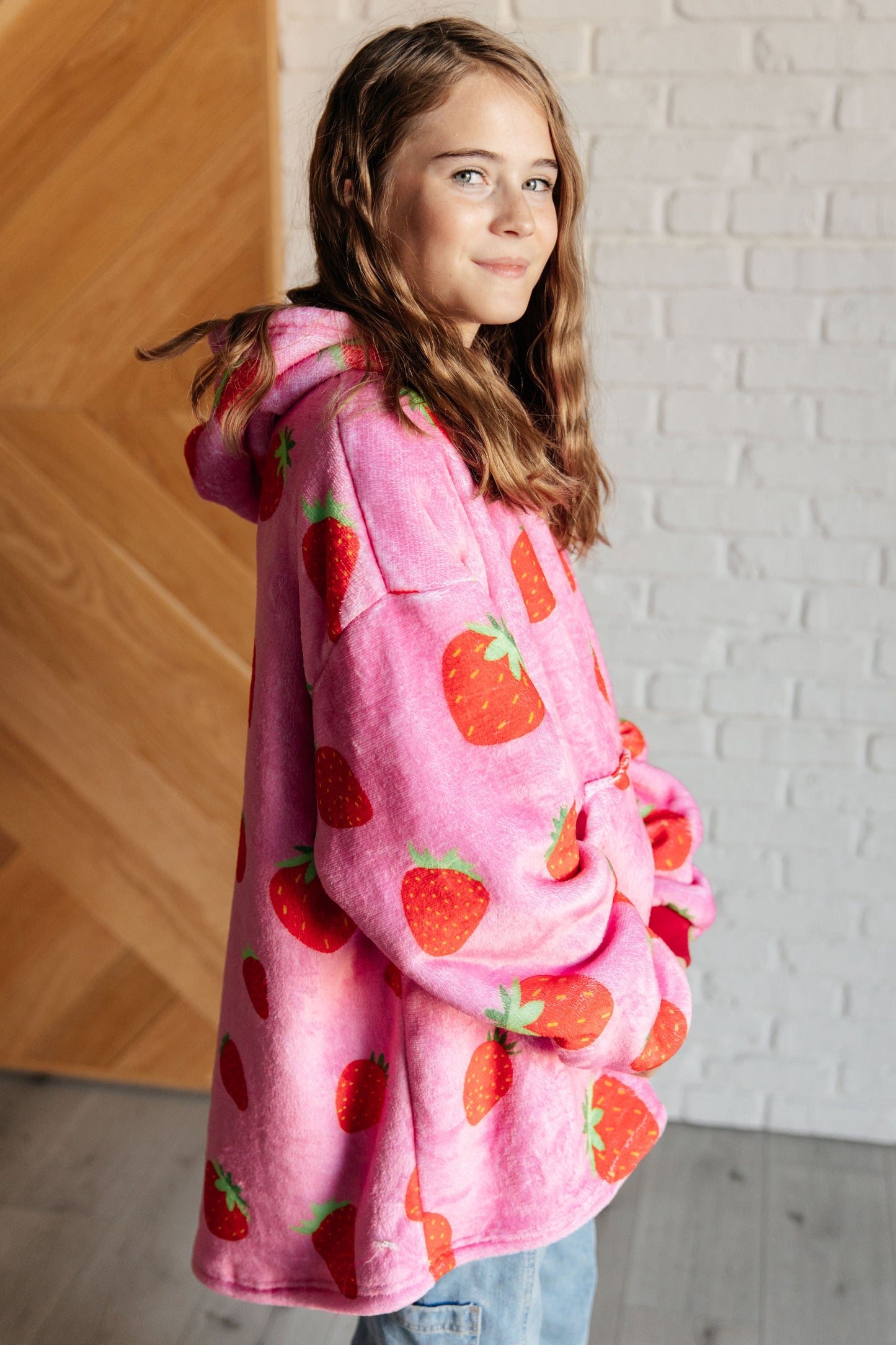 KIDS Oversized Velour Blanket Hoodie, Strawberry