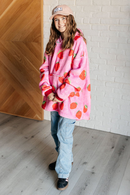 KIDS Oversized Velour Blanket Hoodie, Strawberry