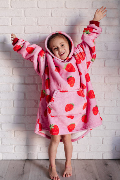 KIDS Oversized Velour Blanket Hoodie, Strawberry