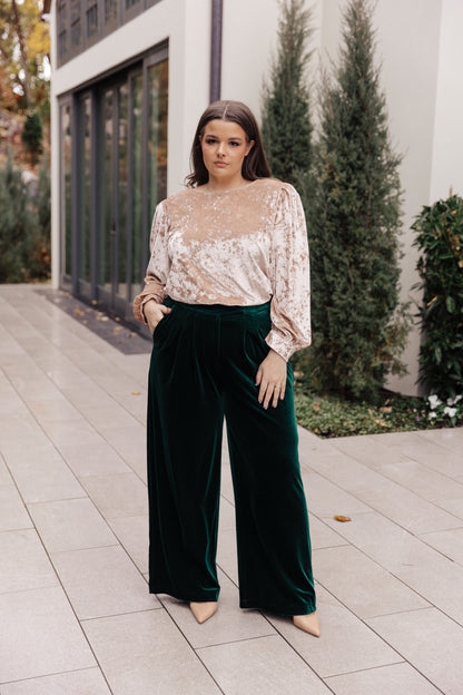 Velvet Elvis Wide Leg Velvet Pants, Emerald Green