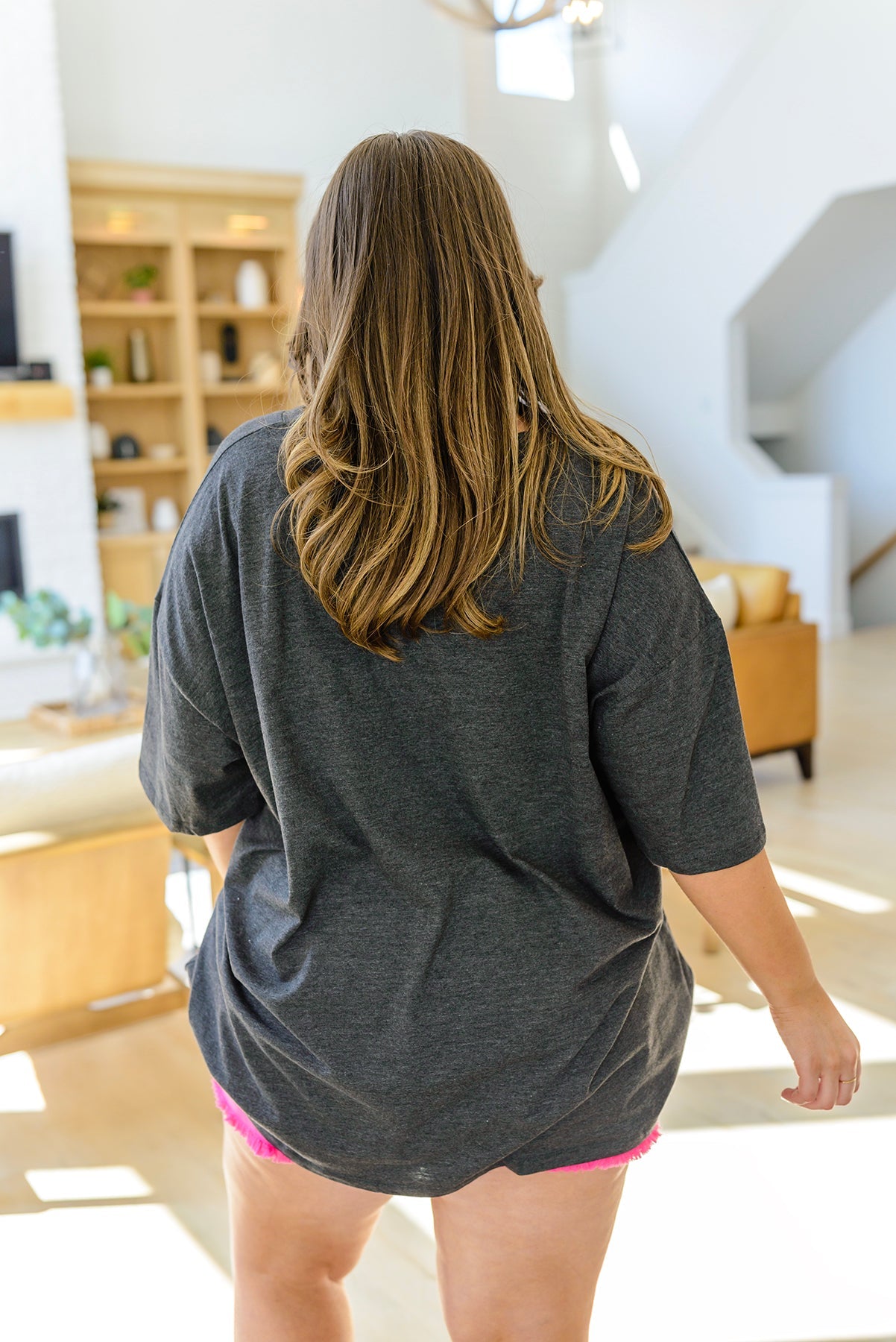 Oversized V-Neck Boyfriend Tee, Charcoal - SizeXS