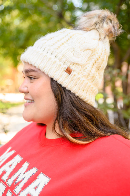 Cable Knit Cuffed Beanie In Ivory