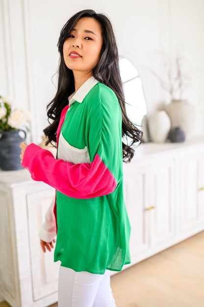 Pink & Green Color Block Button Front Top