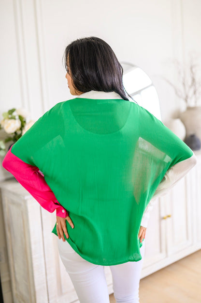 Pink & Green Color Block Button Front Top