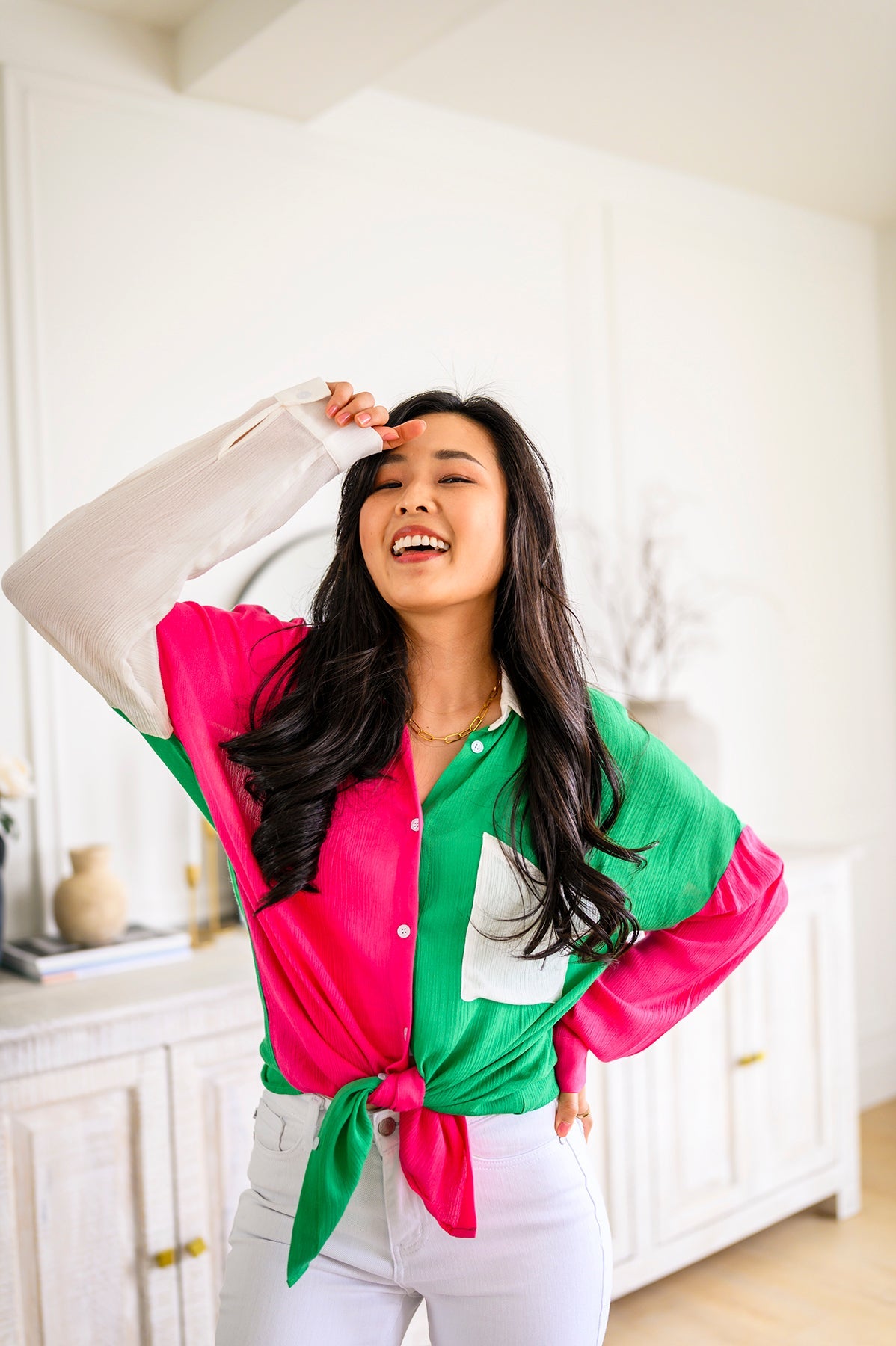 Pink & Green Color Block Button Front Top