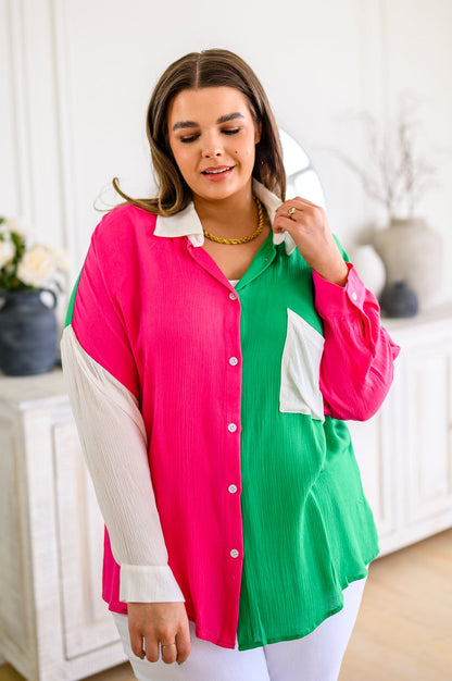 Pink & Green Color Block Button Front Top