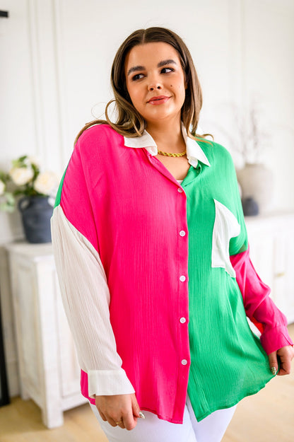 Pink & Green Color Block Button Front Top