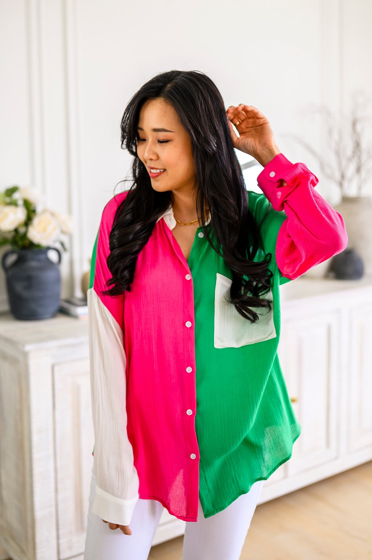 Pink & Green Color Block Button Front Top