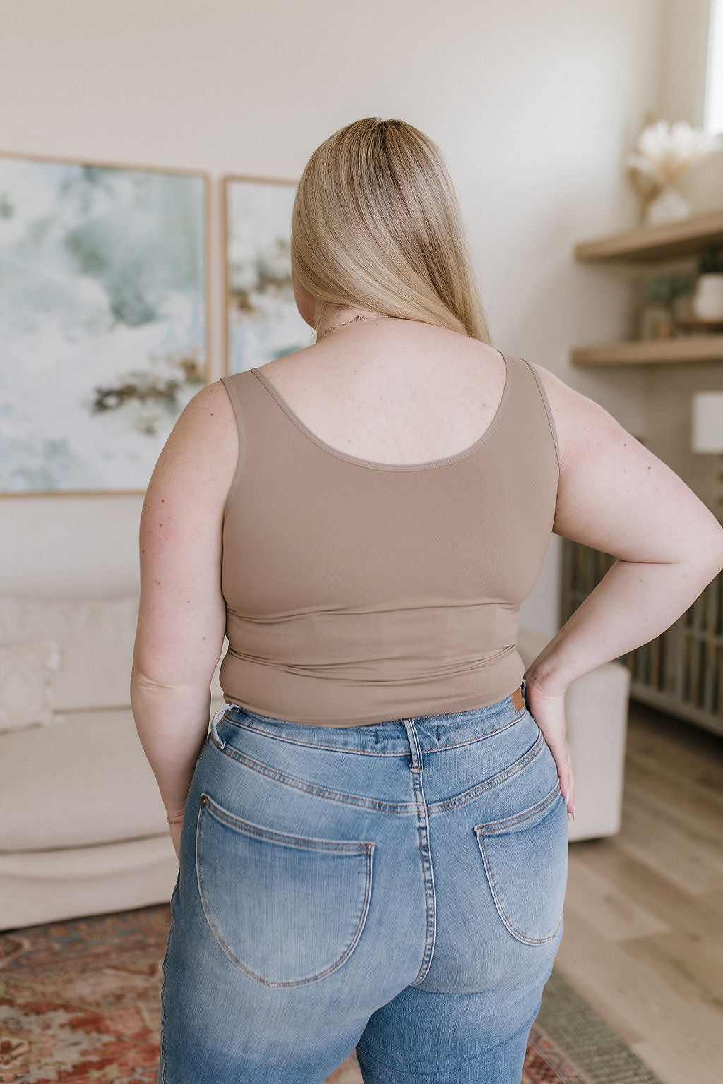 Carefree Seamless Reversible Mid-Crop Tank, Light Mocha