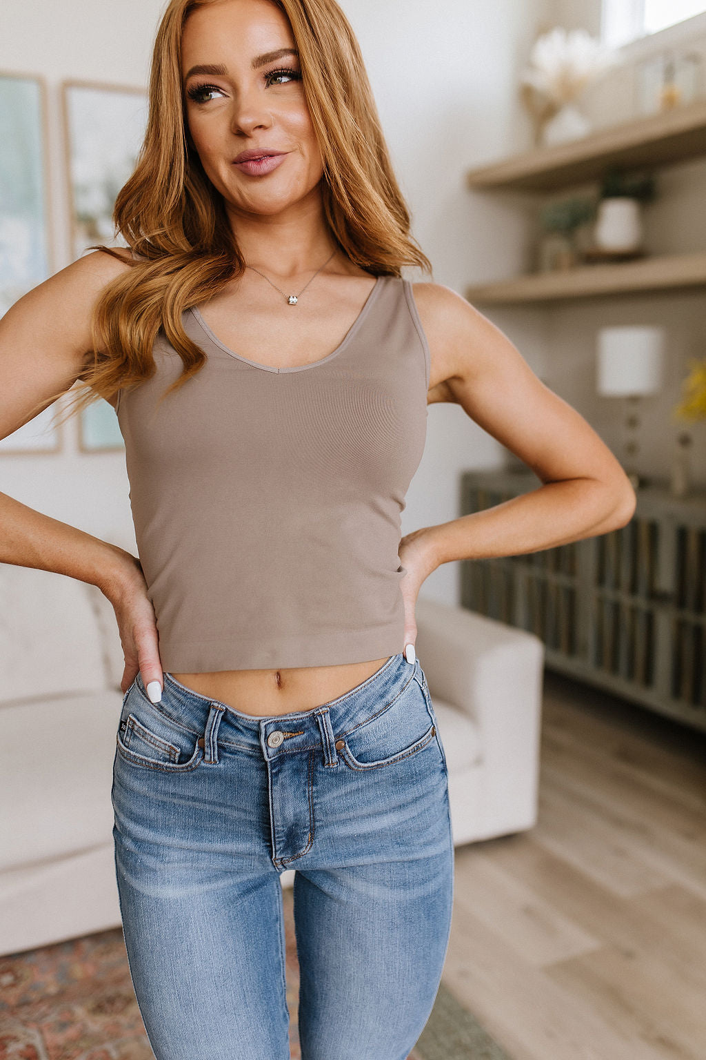 Carefree Seamless Reversible Mid-Crop Tank, Light Mocha