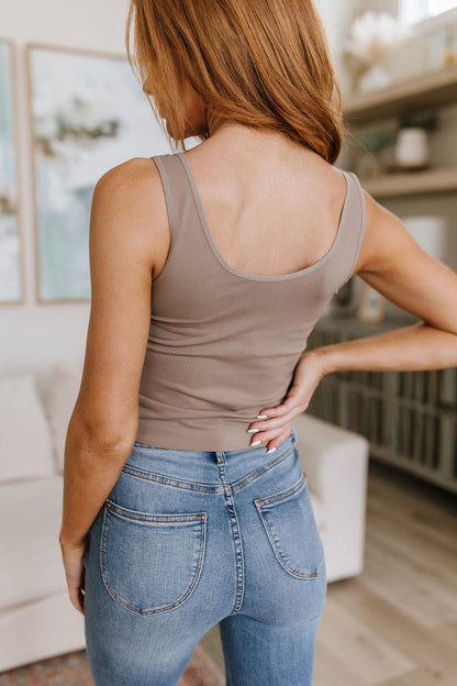 Carefree Seamless Reversible Mid-Crop Tank, Light Mocha