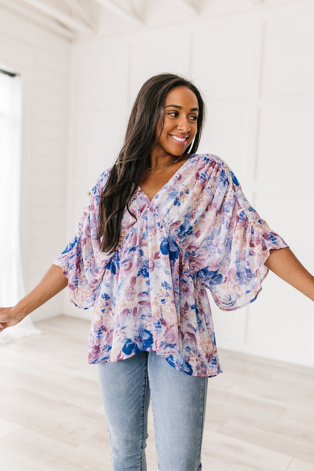 Fabled In Floral Draped Peplum Top, Blue