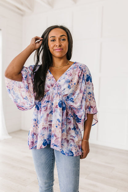 Fabled In Floral Draped Peplum Top, Blue