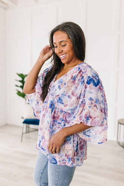 Fabled In Floral Draped Peplum Top, Blue