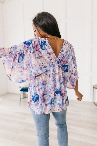 Fabled In Floral Draped Peplum Top, Blue