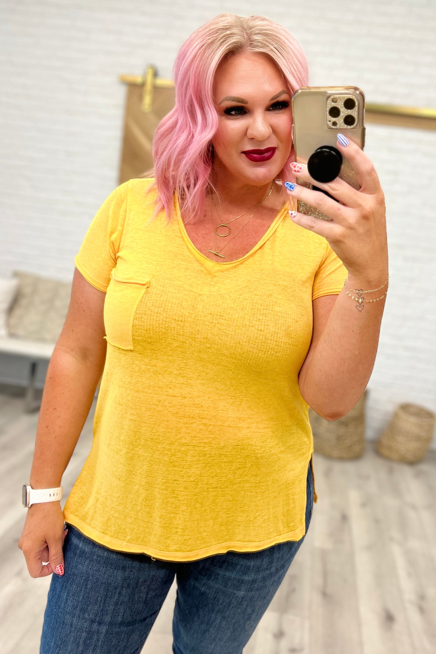 Briar Burnout V-Neck Tee, Yellow Gold