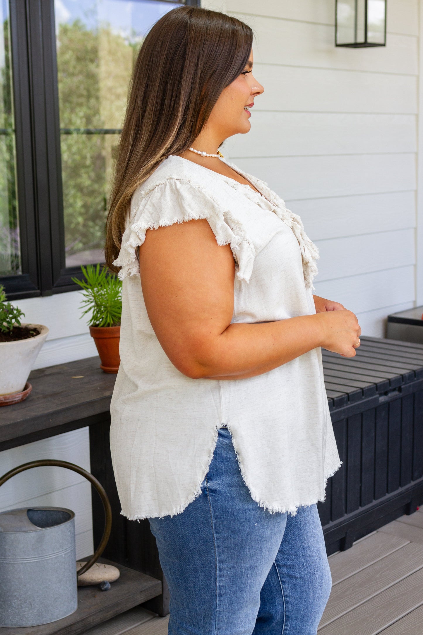 Keep Me Posted Linen Ruffle Blouse