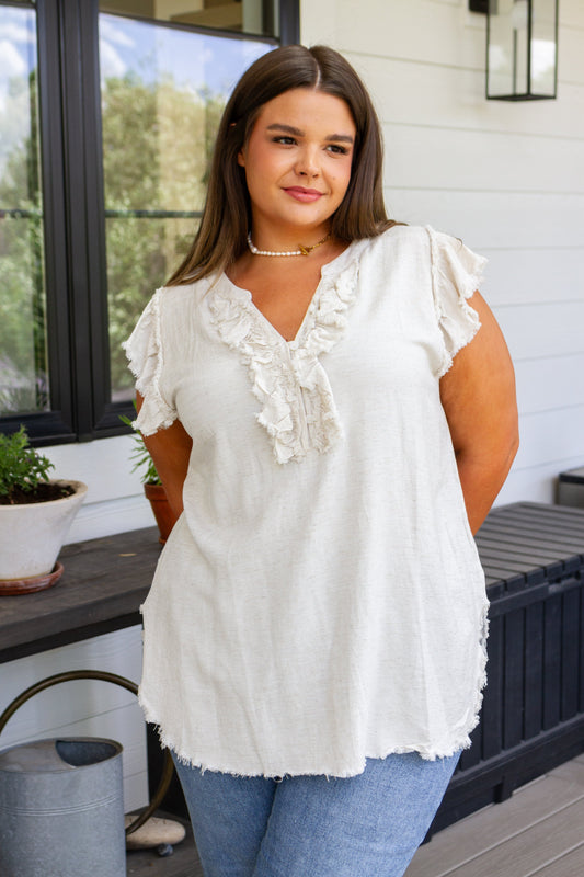 Keep Me Posted Linen Ruffle Blouse