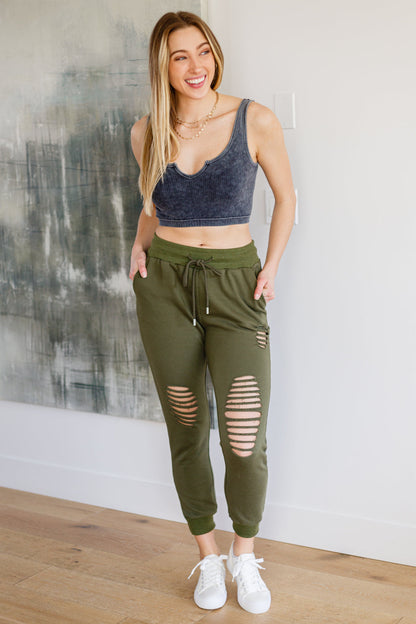 Kick Back Distressed Joggers, Olive