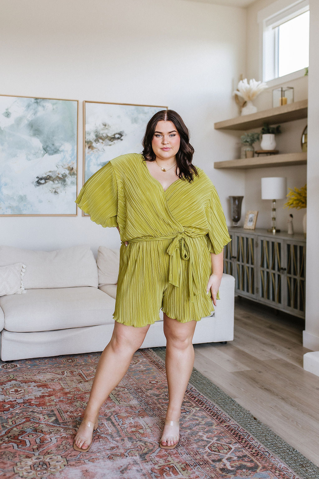 Lovely Life Plisse Romper, Chartreuse