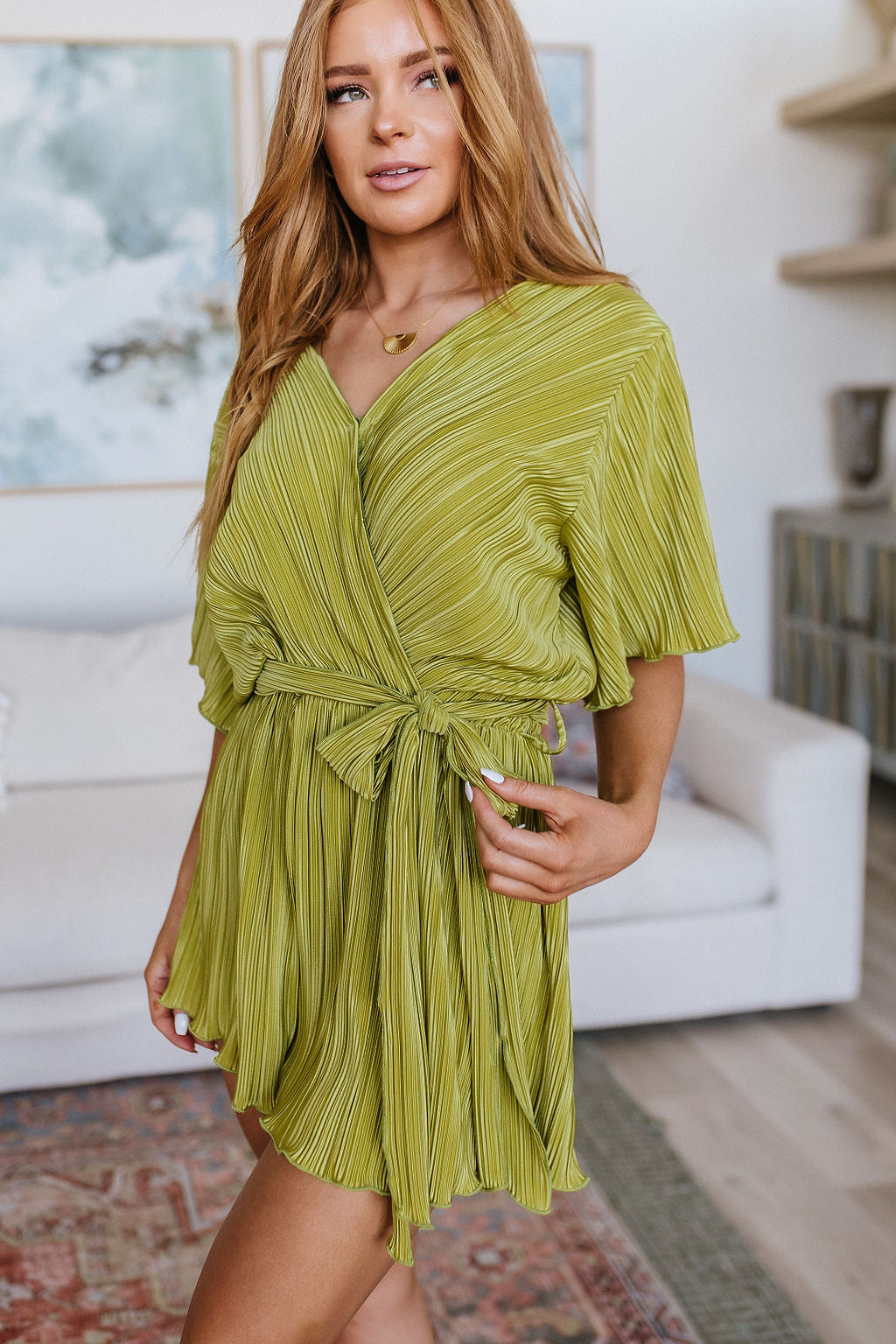 Lovely Life Plisse Romper, Chartreuse