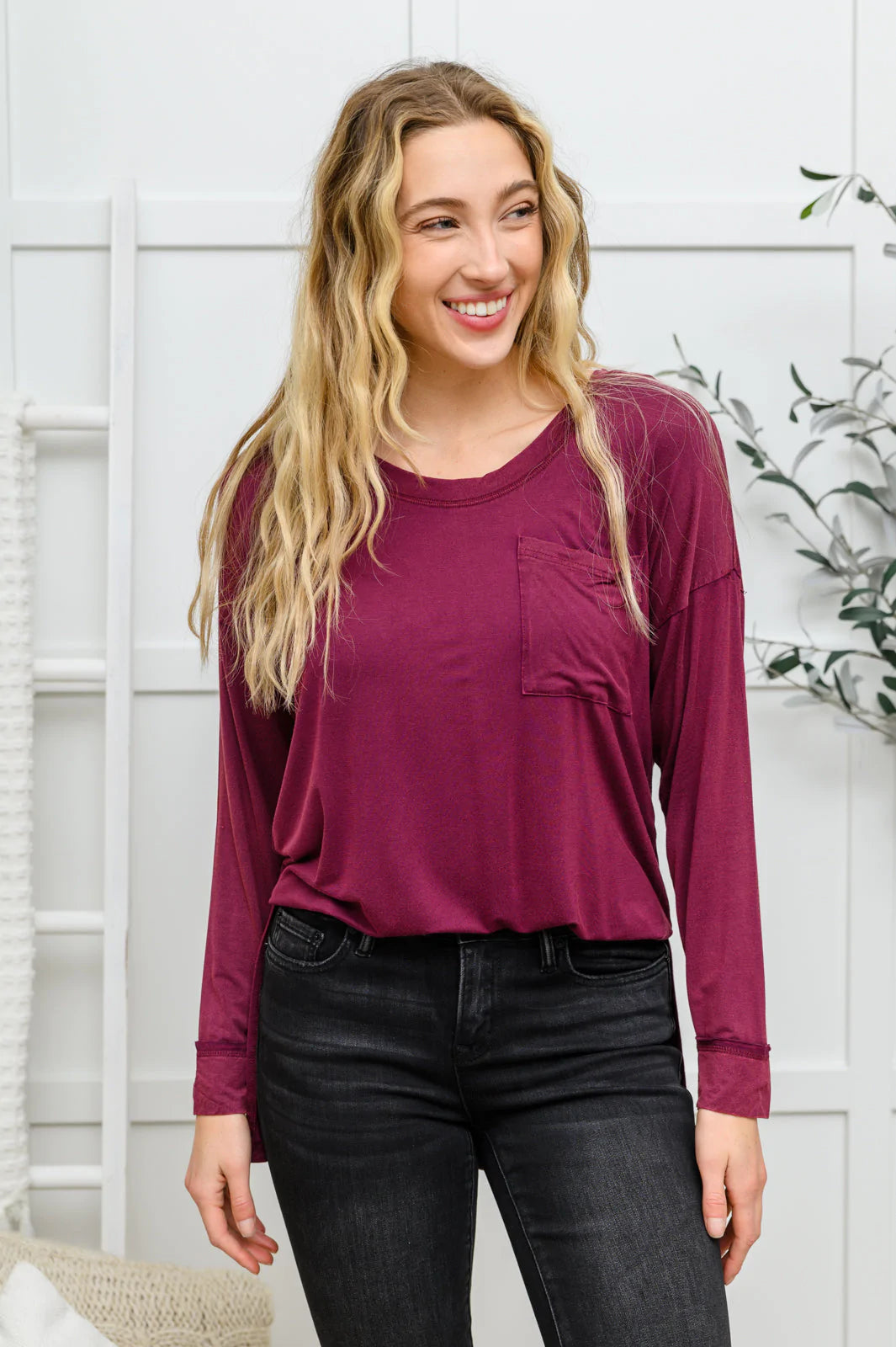 Long Sleeve Pocket Tee, Burgundy