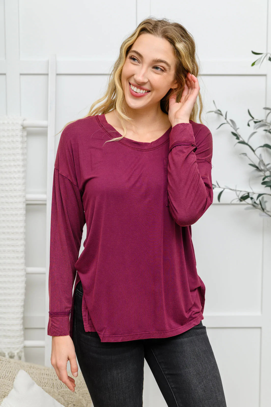 Long Sleeve Pocket Tee, Burgundy