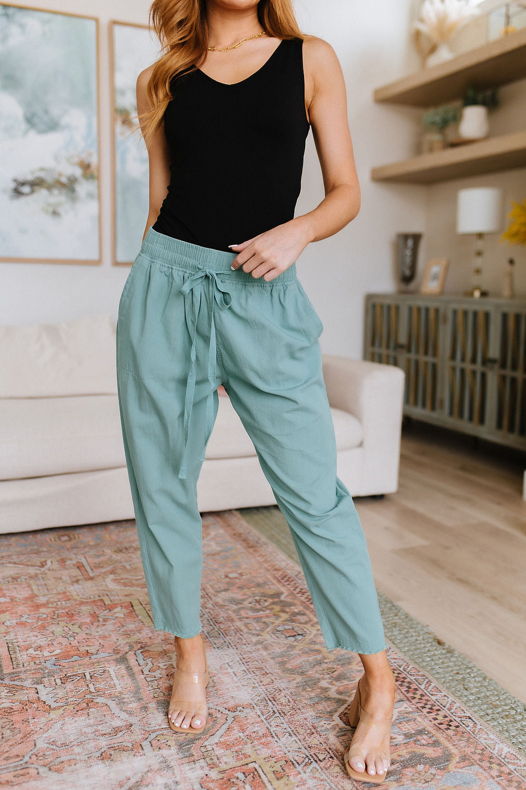 Love Me Dearly High Rise Drawstring Pants, Jade