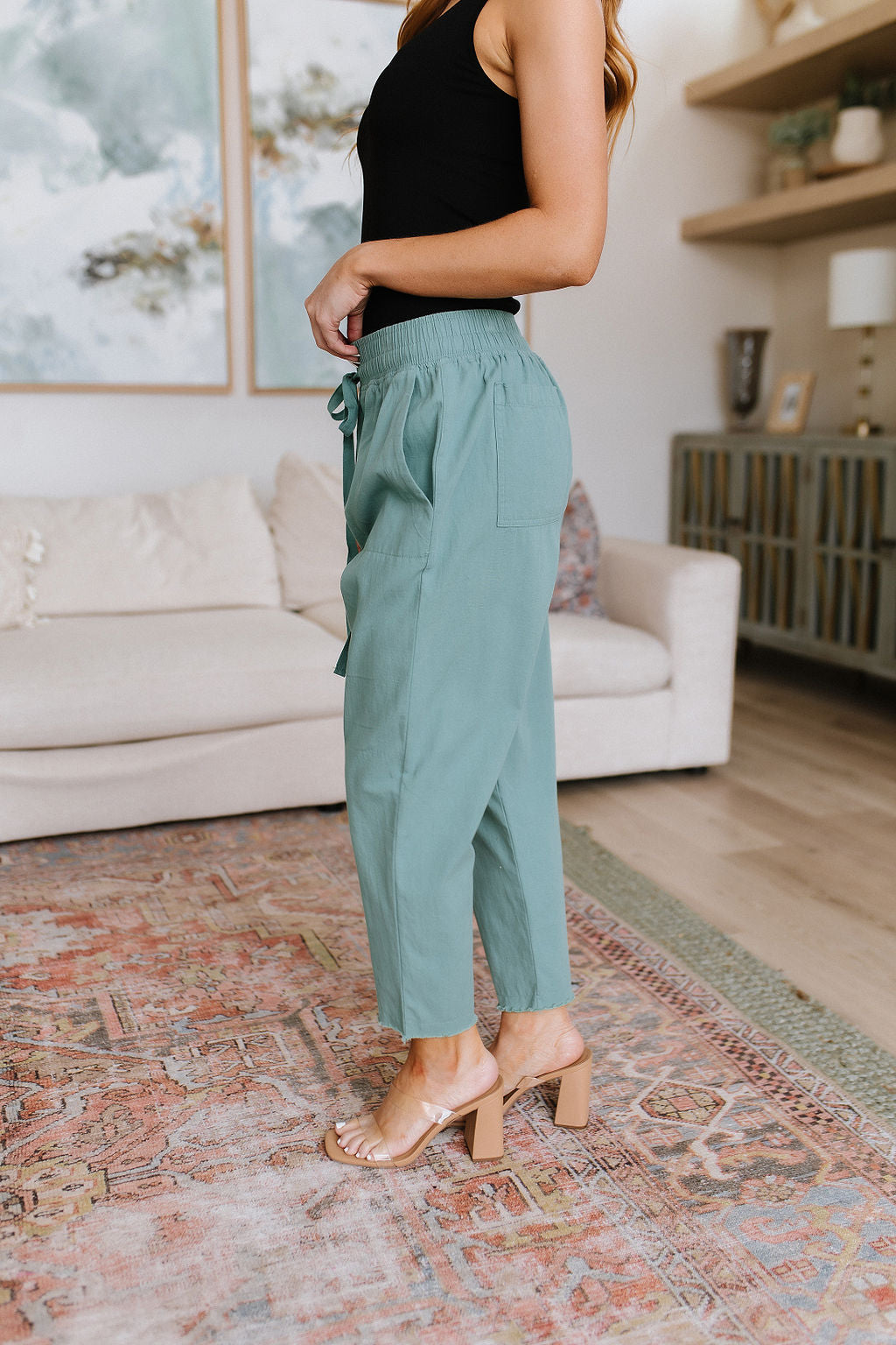 Love Me Dearly High Rise Drawstring Pants, Jade