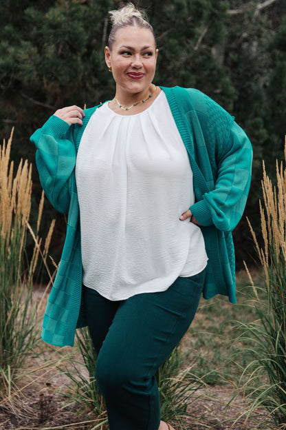 Pinky Swear Checkered Open Front Cardigan, Teal