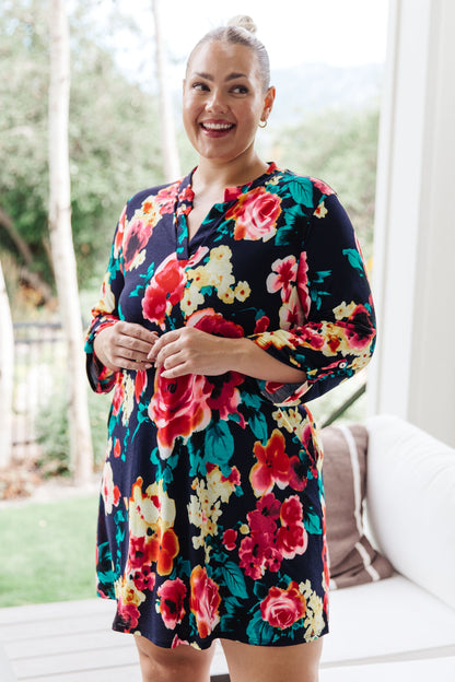 Moonlit Garden Floral 3/4 Sleeve Dress