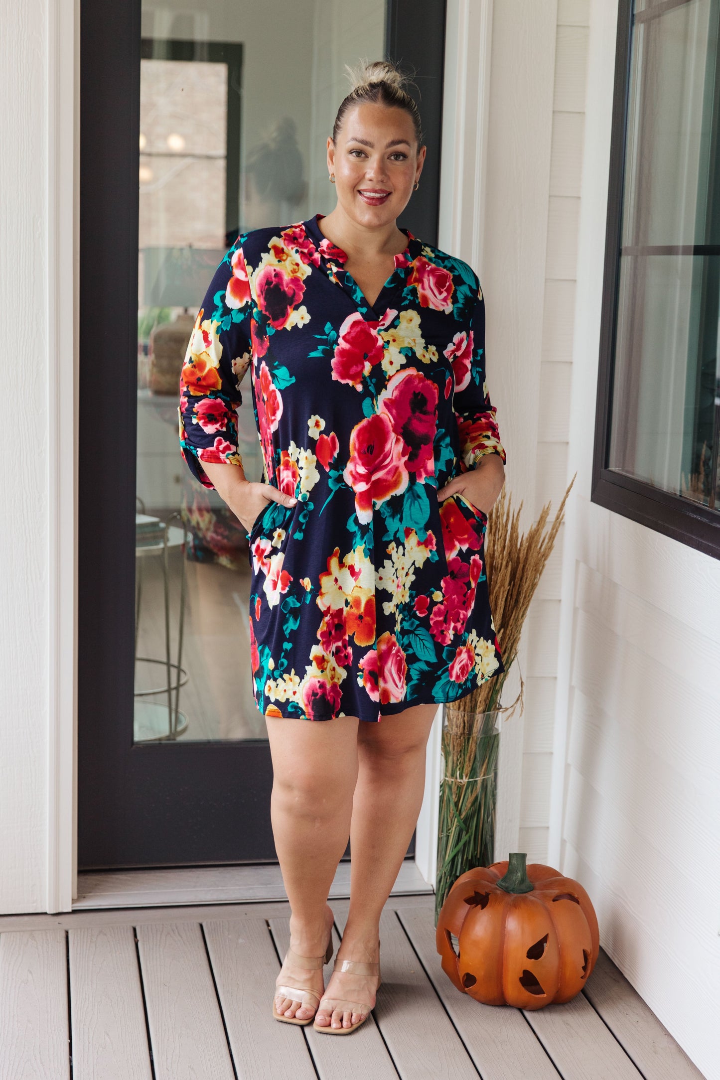 Moonlit Garden Floral 3/4 Sleeve Dress