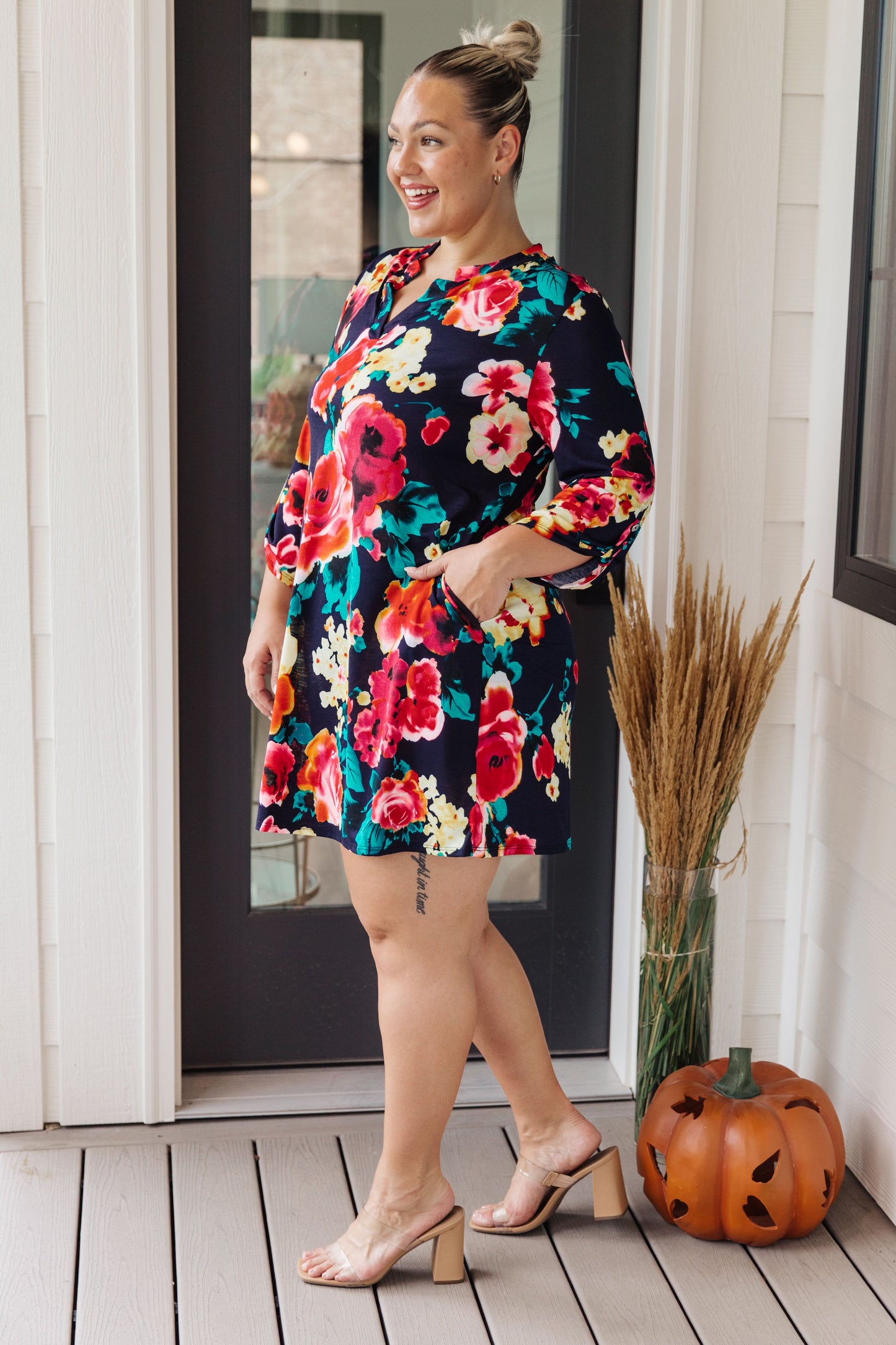 Moonlit Garden Floral 3/4 Sleeve Dress