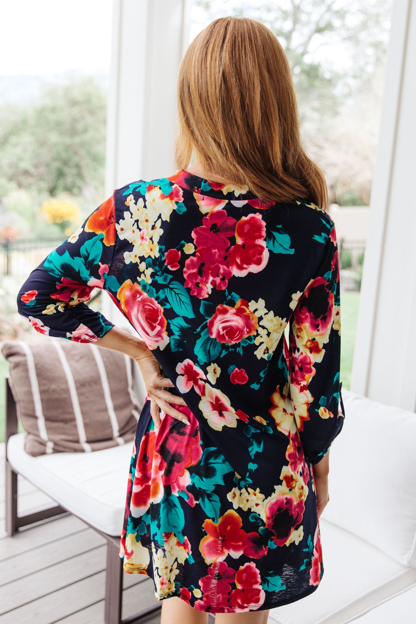 Moonlit Garden Floral 3/4 Sleeve Dress