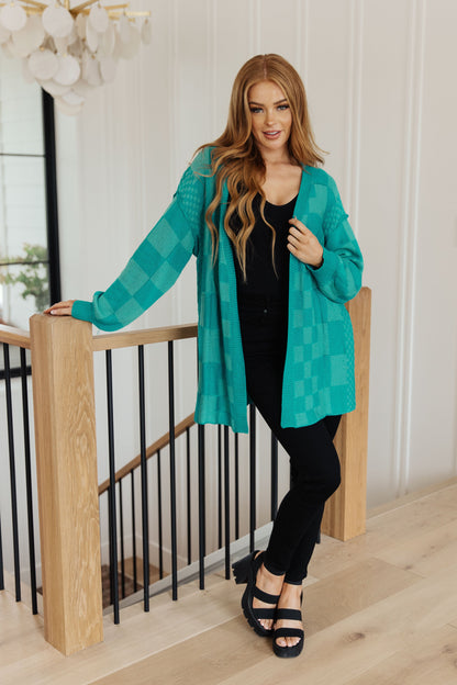 Pinky Swear Checkered Open Front Cardigan, Teal