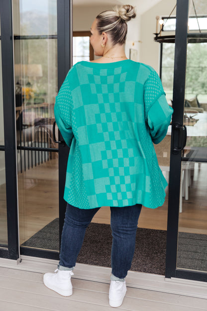 Pinky Swear Checkered Open Front Cardigan, Teal