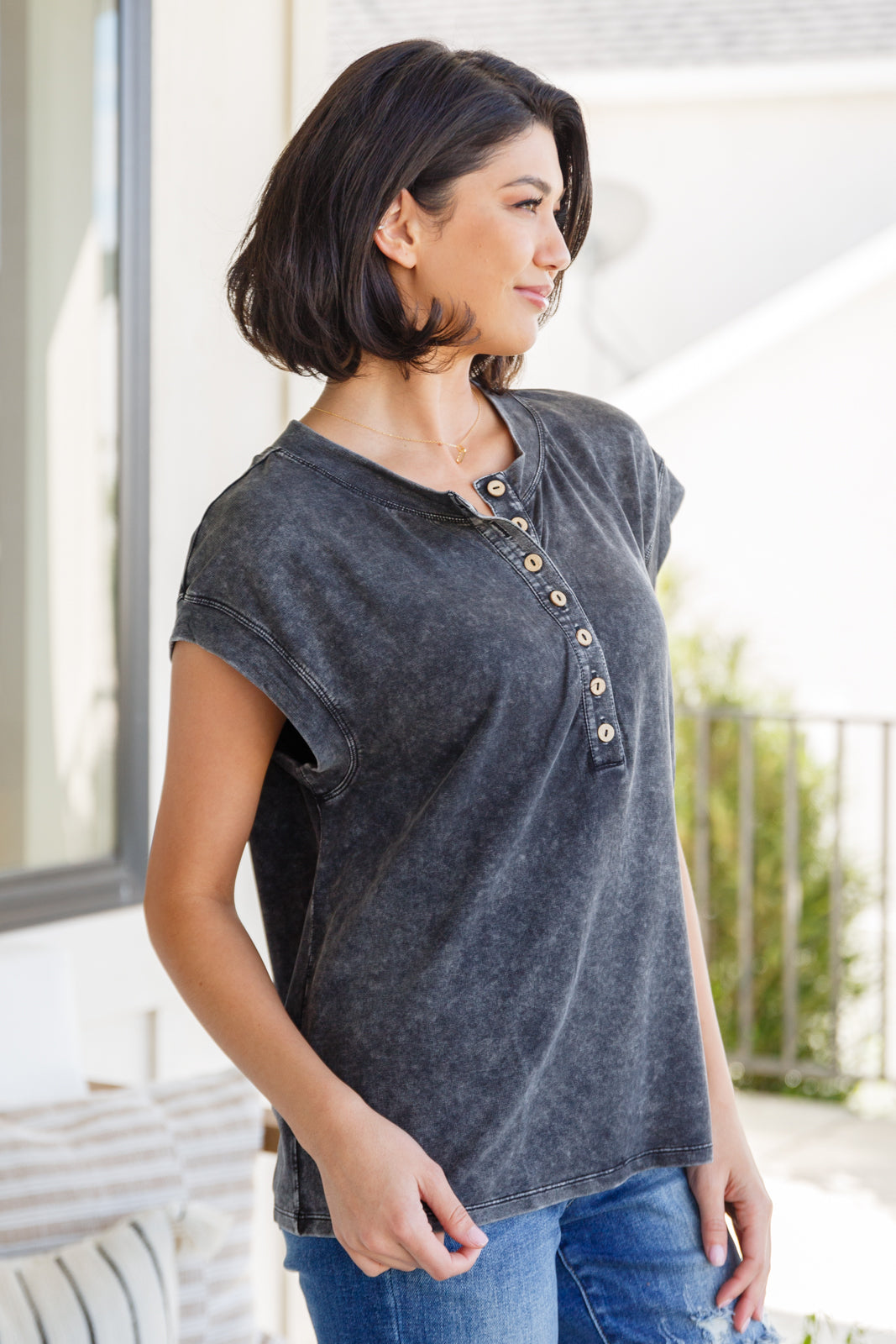 She's Alright Mineral Wash Sleeveless Henley Top