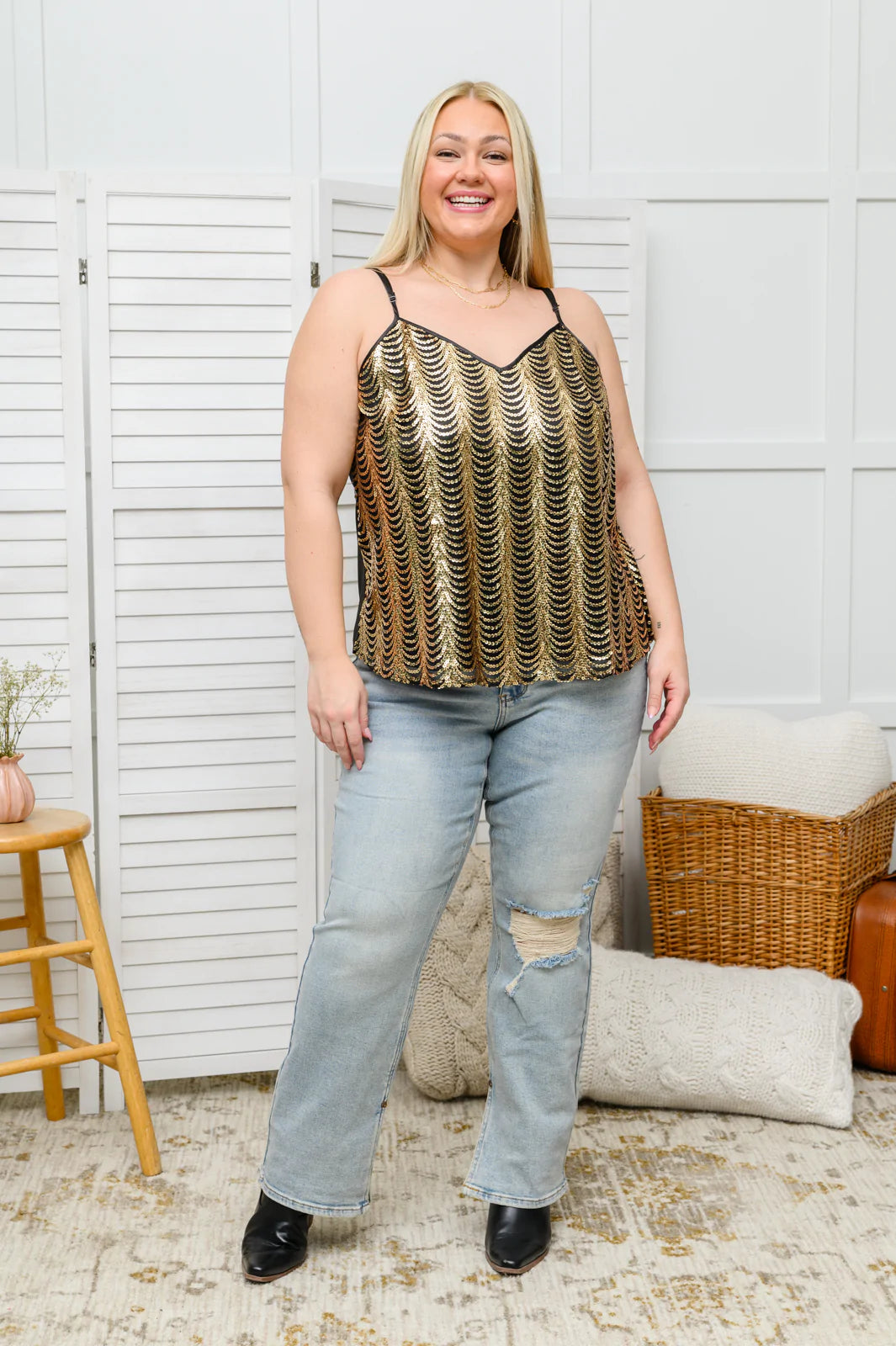 Stayin' Alive V-Neck Sequin Tank in Gold