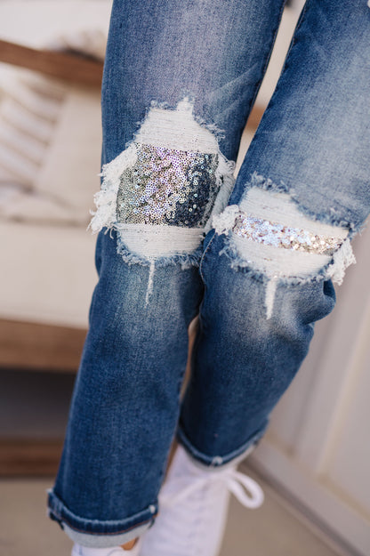 RISEN Suki Mid Rise Sequin Patch Tapered Jeans