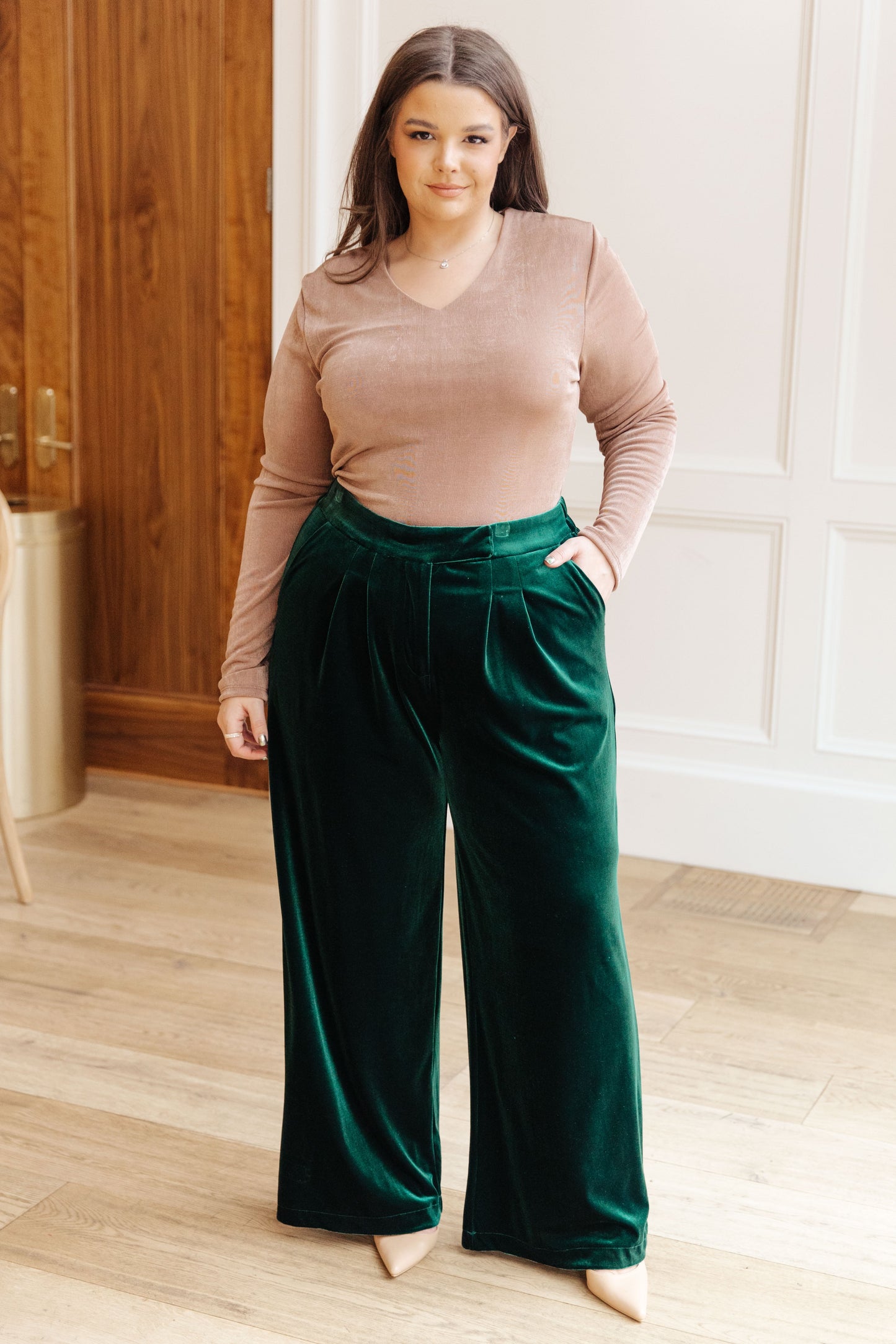 Velvet Elvis Wide Leg Velvet Pants, Emerald Green