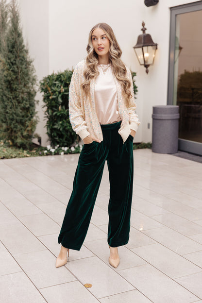 Velvet Elvis Wide Leg Velvet Pants, Emerald Green