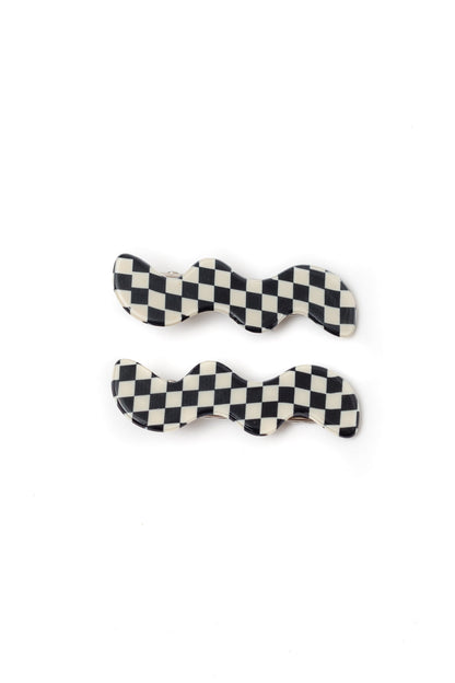 Wavy Hair Clip Set of 2, Checkered Black