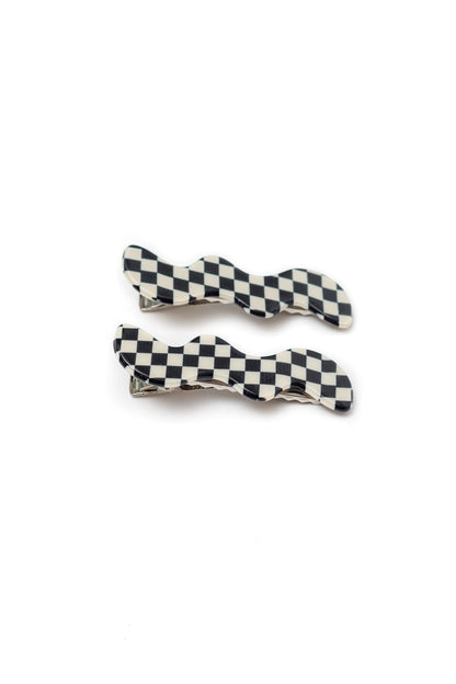 Wavy Hair Clip Set of 2, Checkered Black